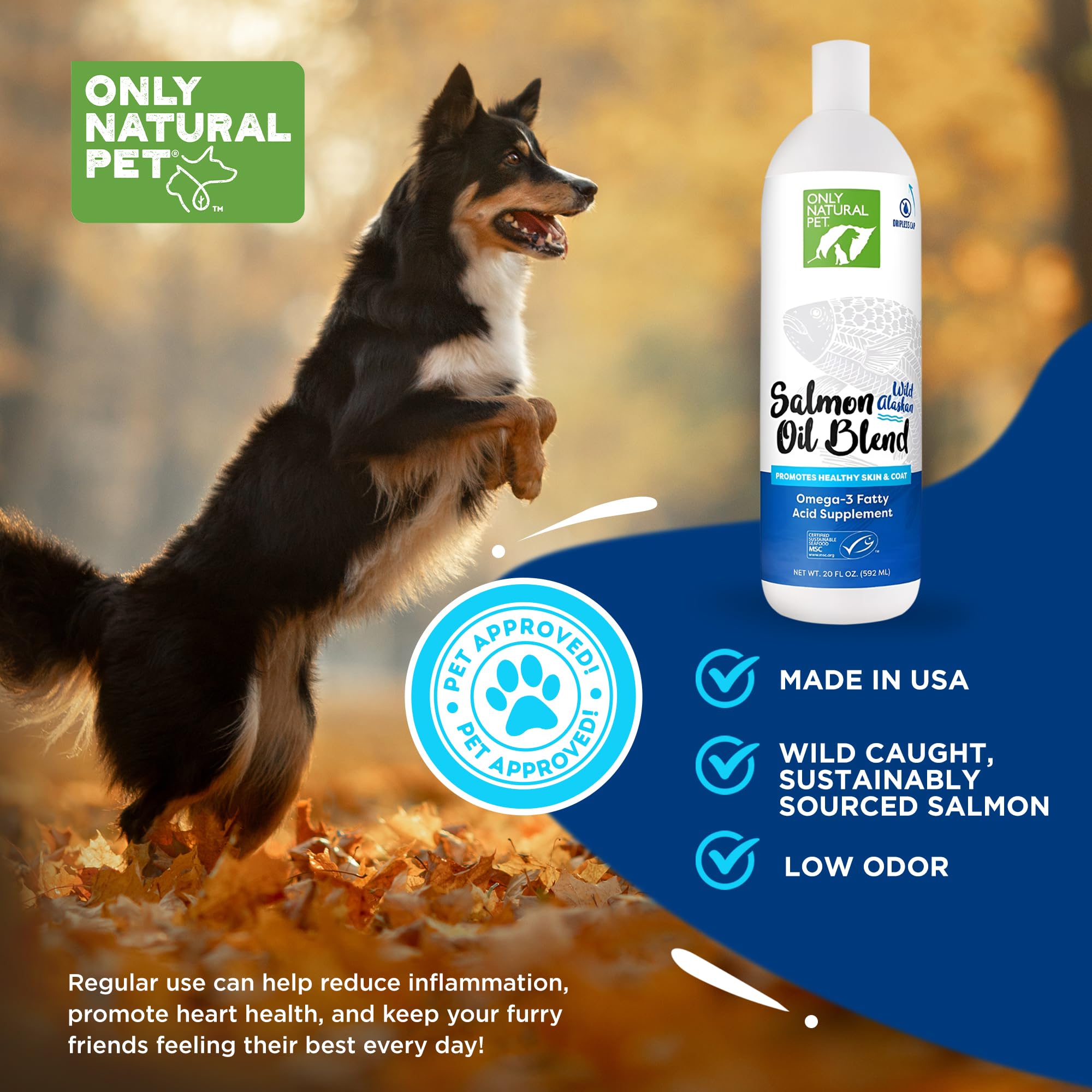 Only Natural Pet Wild Alaskan Salmon Oil packaging 20oz highlights easy-to-use bottle.