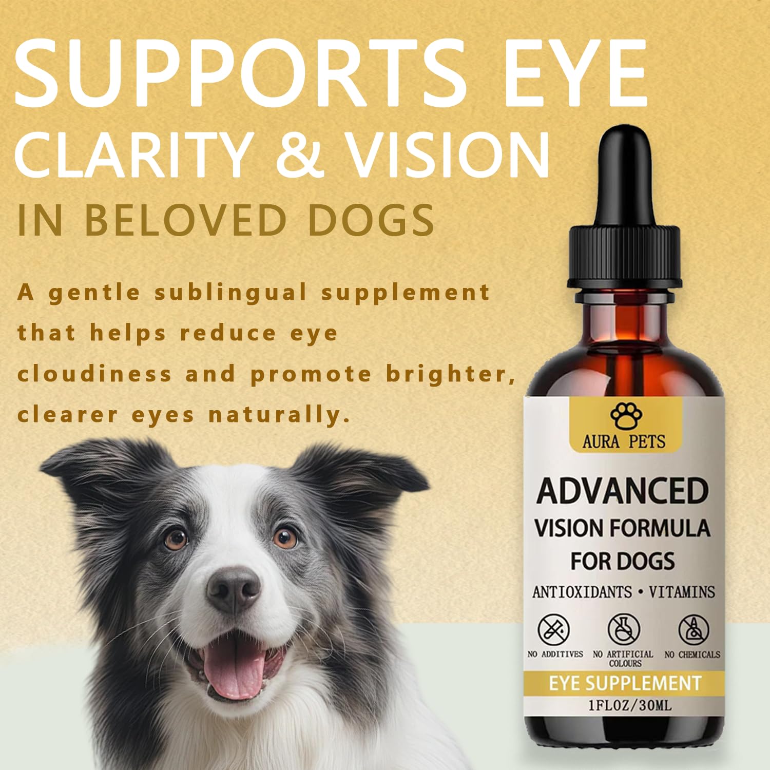 Onswildc Aura Pets eye health graphic illustrates triple antioxidant blend benefits