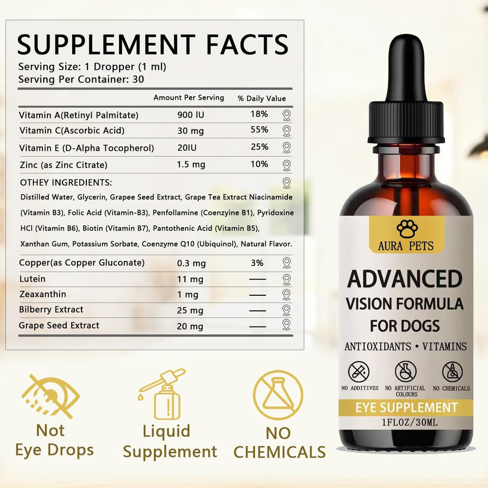 Onswildc Aura Pets ingredient icons show lutein zeaxanthin and astaxanthin for eye support