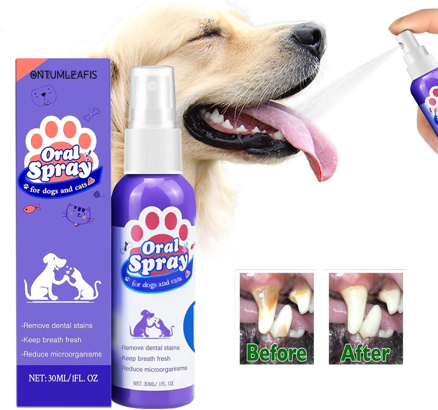 OntumLeafis teeth spray targets discoloration and odor-causing bacteria for fresh breath.