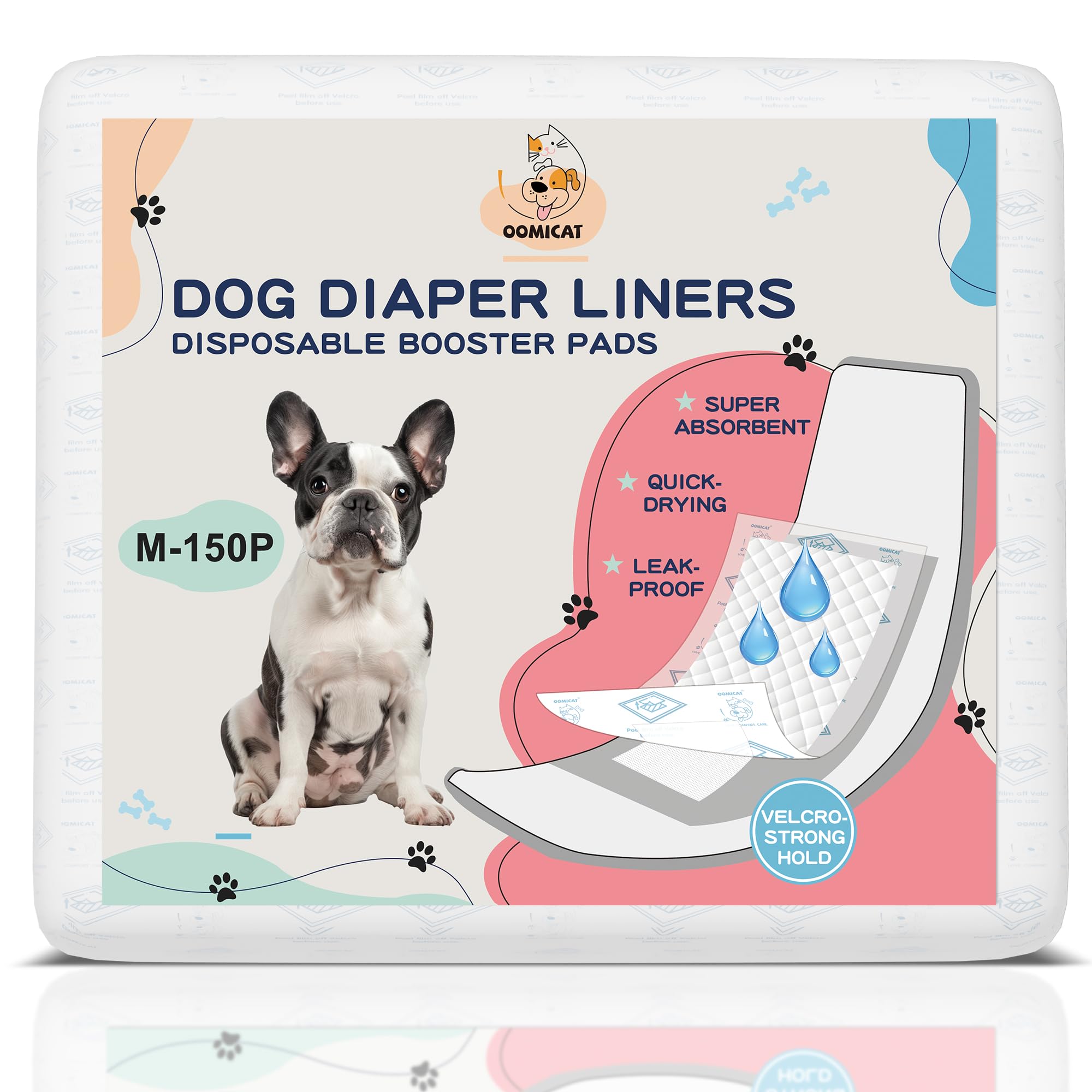 OOMICAT dog diaper liners pack shows 150-count for daily use.