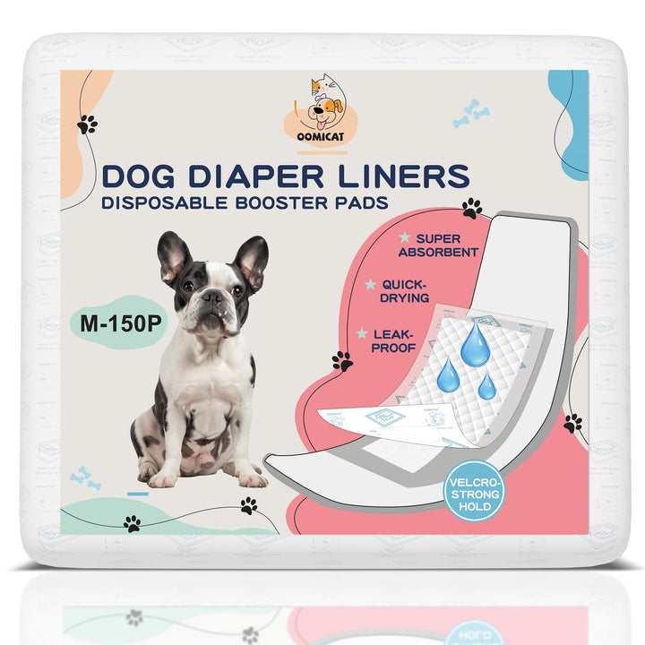 OOMICAT dog diaper liners pack shows 150-count for daily use.