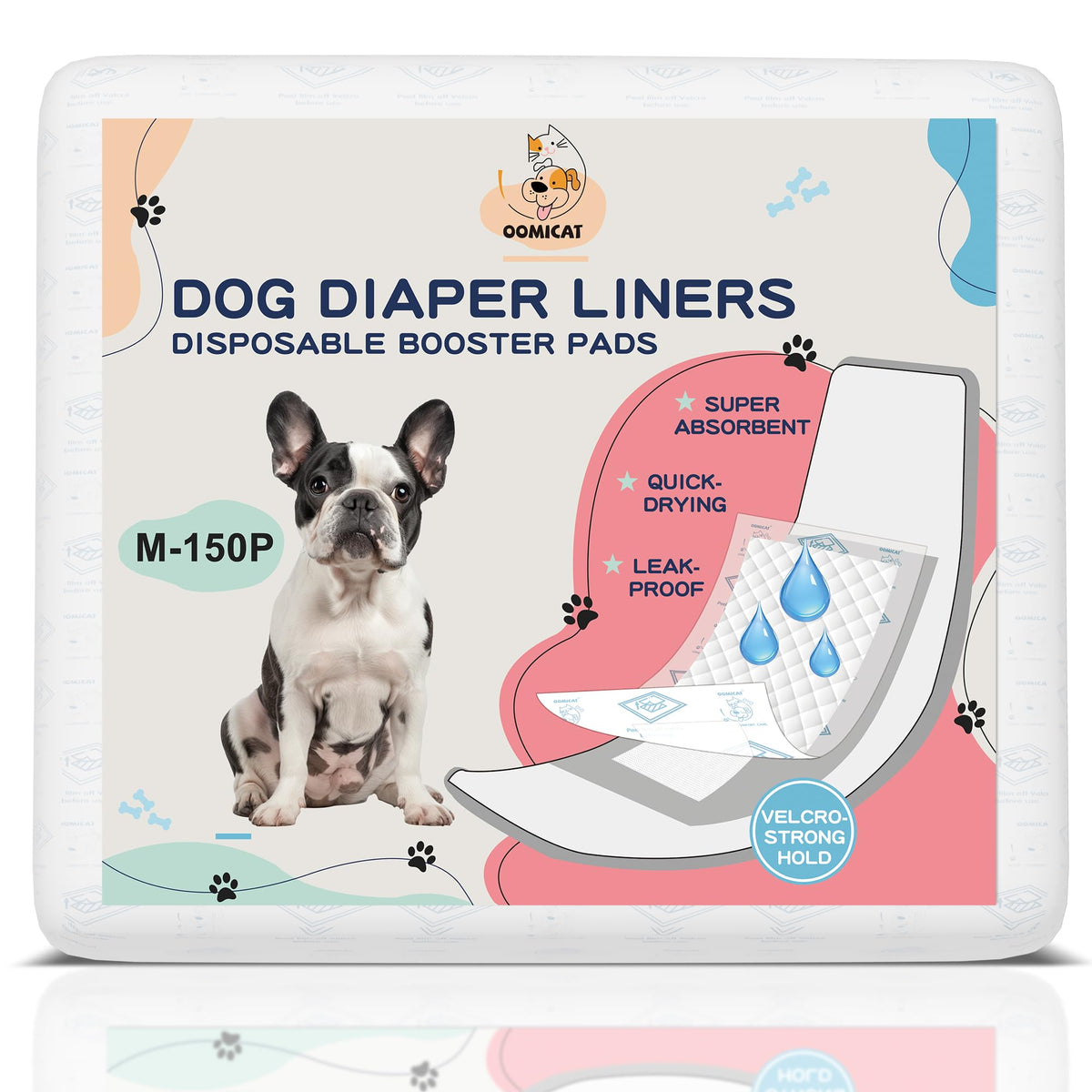 OOMICAT dog diaper liners pack shows 150-count for daily use.
