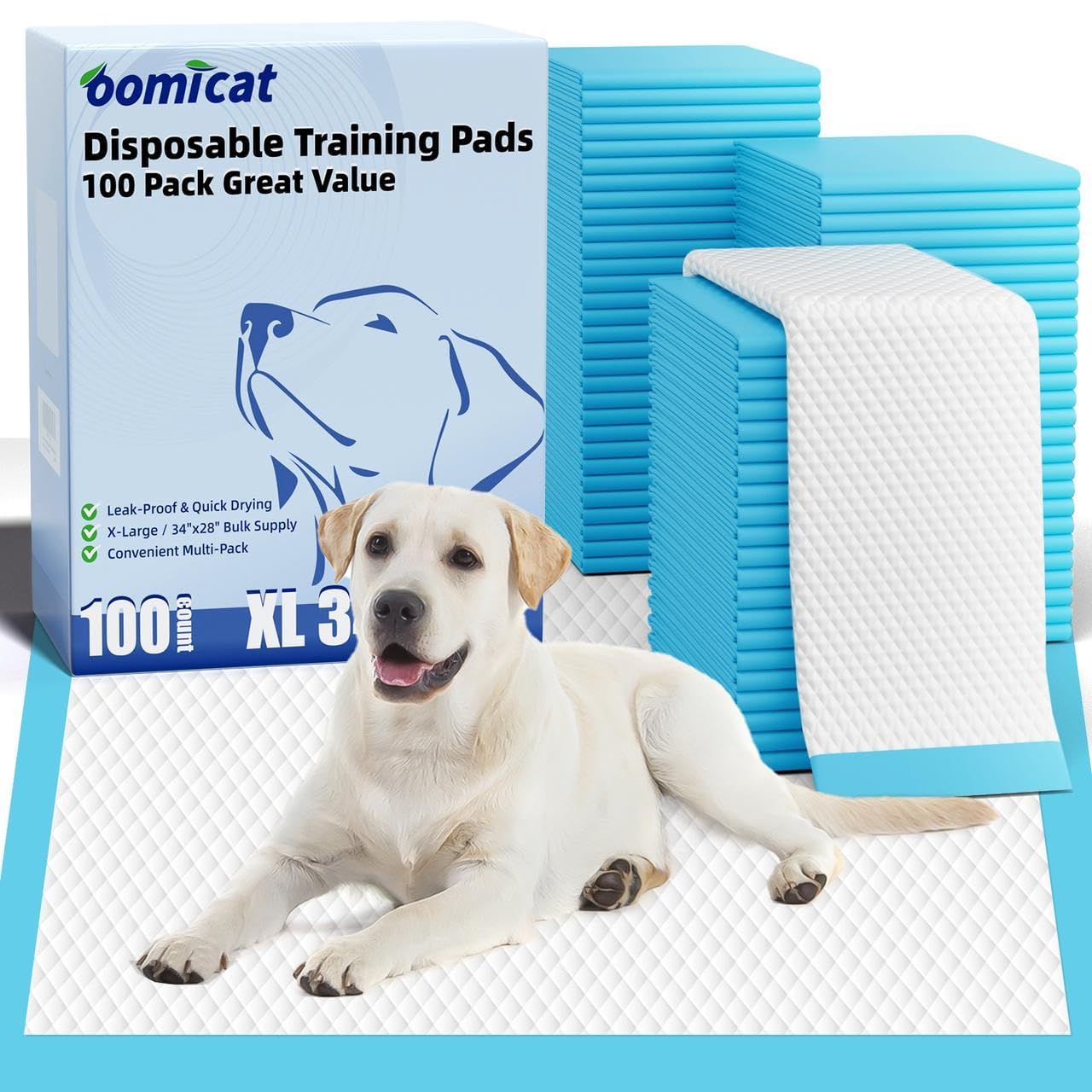 Oomicat Puppy Pads XL 34x28 packaging for easy potty training and travel.