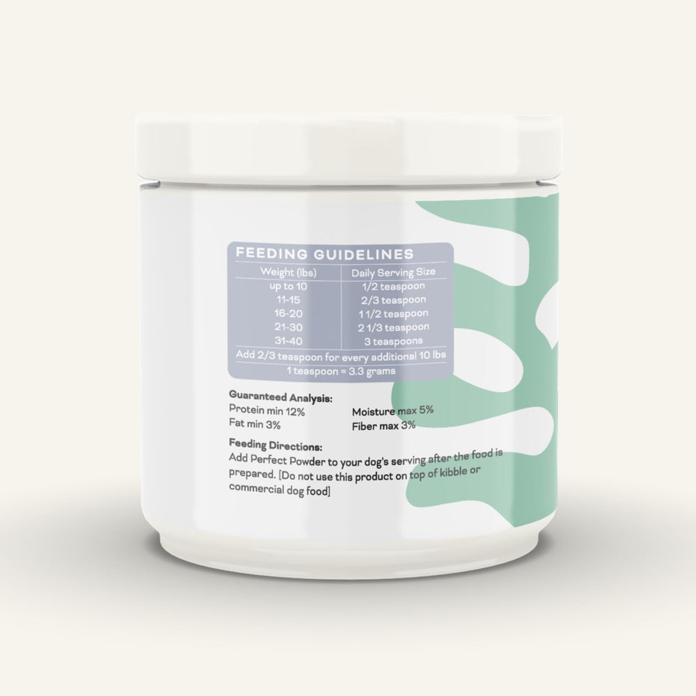 Opal Pets Perfect Powder bottle back label with ingredients and USA-made quality.