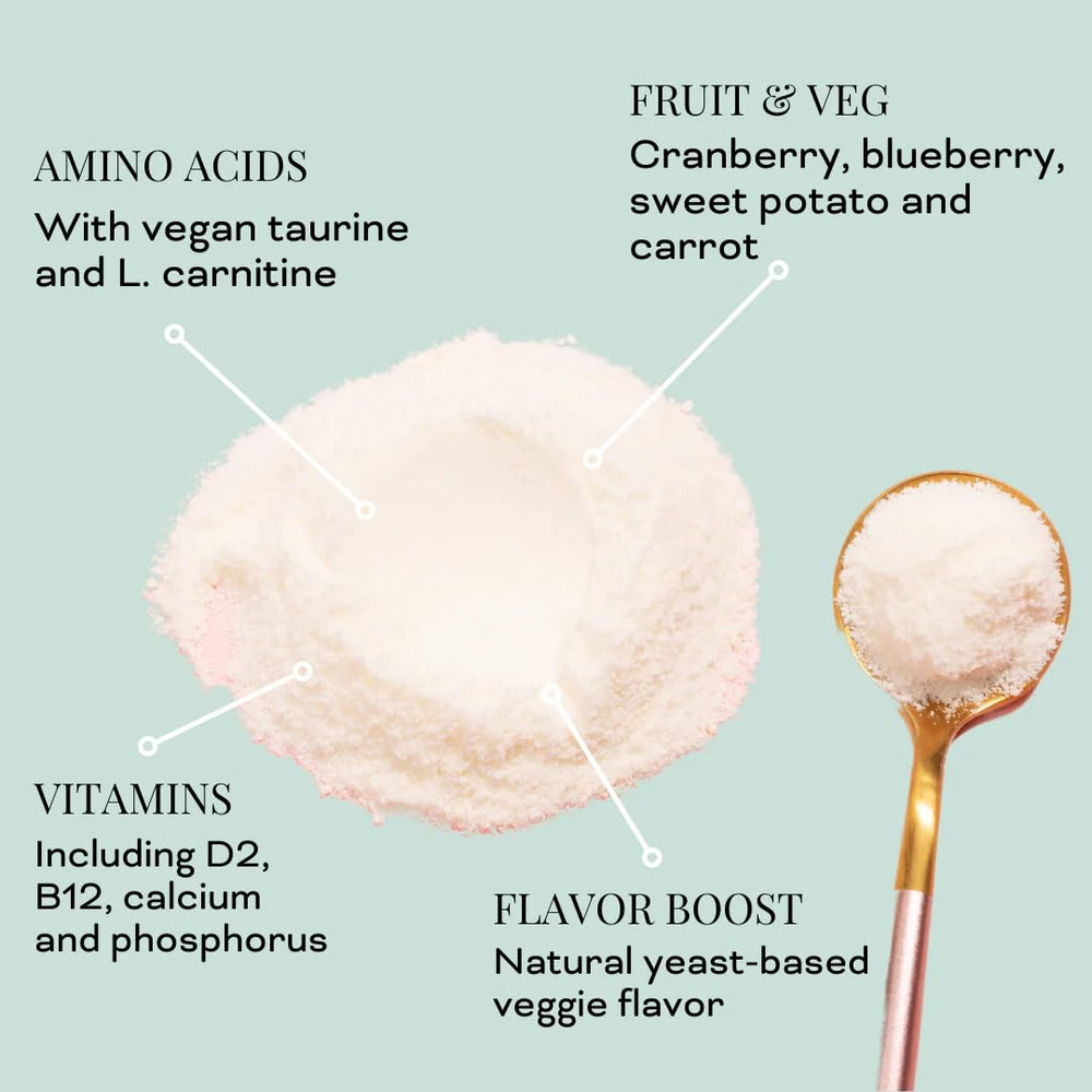 Opal Pets Perfect Powder ingredient panel highlights vegan, non-GMO nutrition.