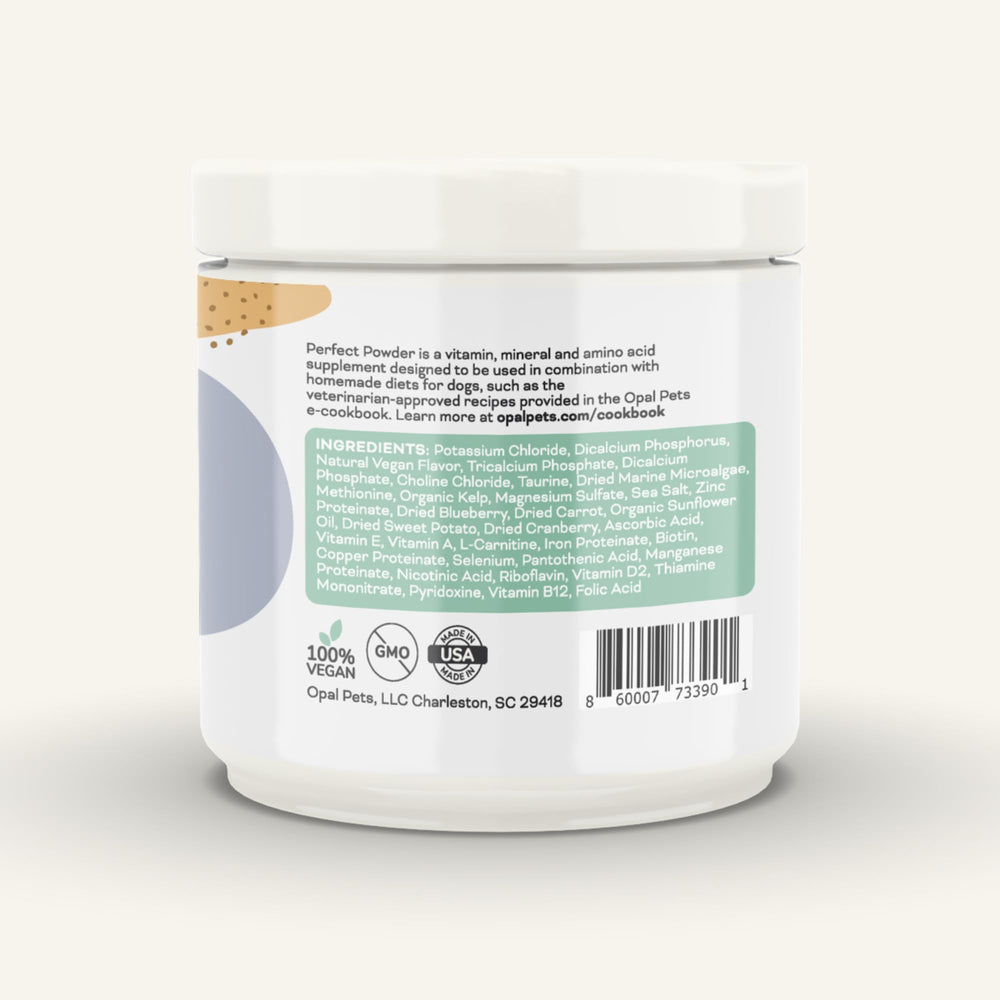Measuring spoon with Opal Pets Perfect Powder shows easy daily dosing.