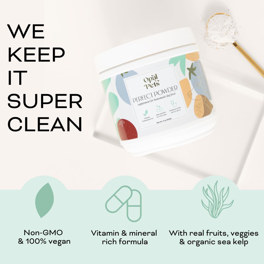 Opal Pets Perfect Powder savory flavor note for picky dogs.
