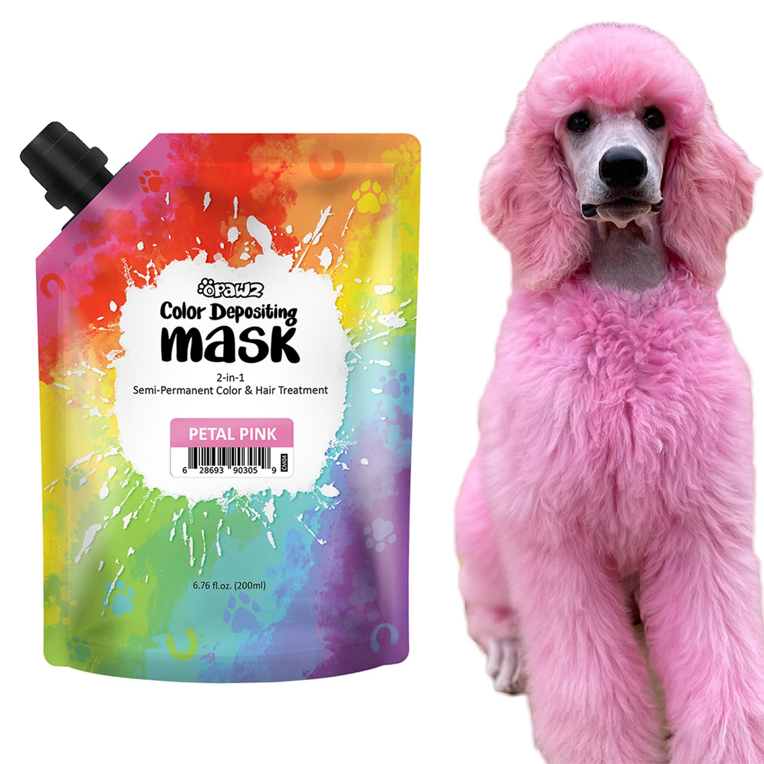 OPAWZ Pet Color Depositing Mask bottle pour shows easy coating on white fur.