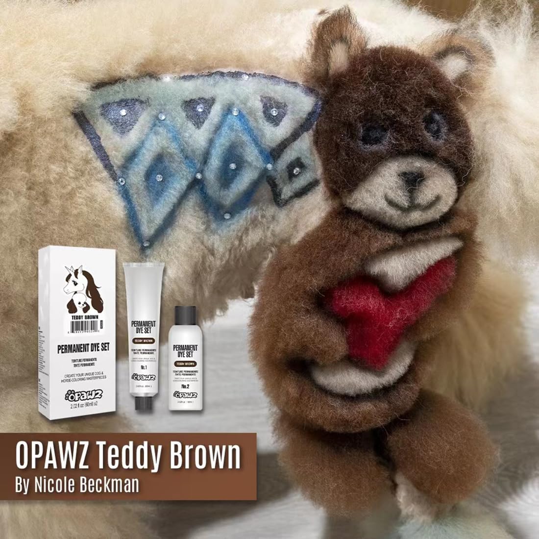 OPAWZ Teddy Brown dog dye application on white coat for vibrant grooming results.
