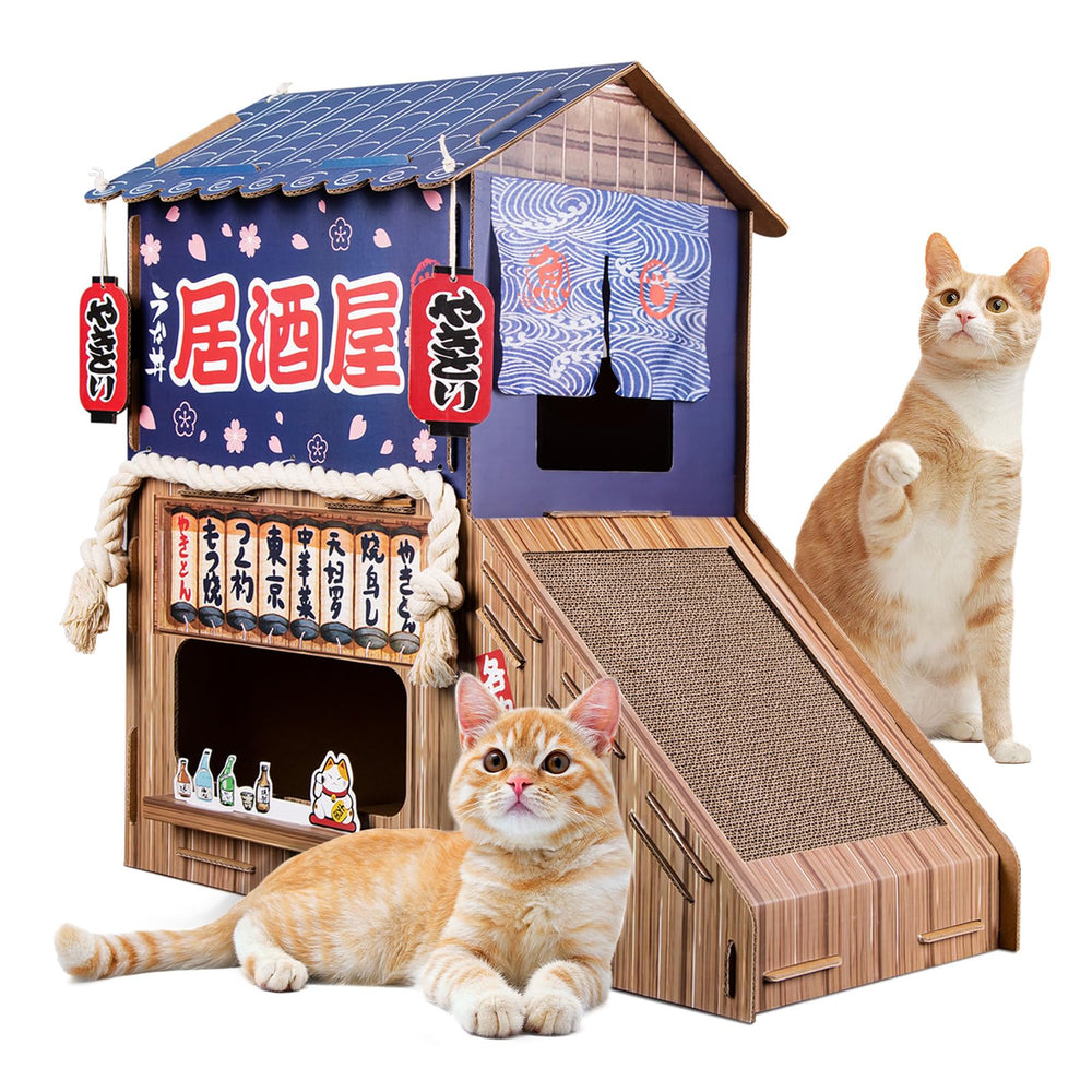 opbodqo cardboard cat house front view shows cozy dual bed setup for naps