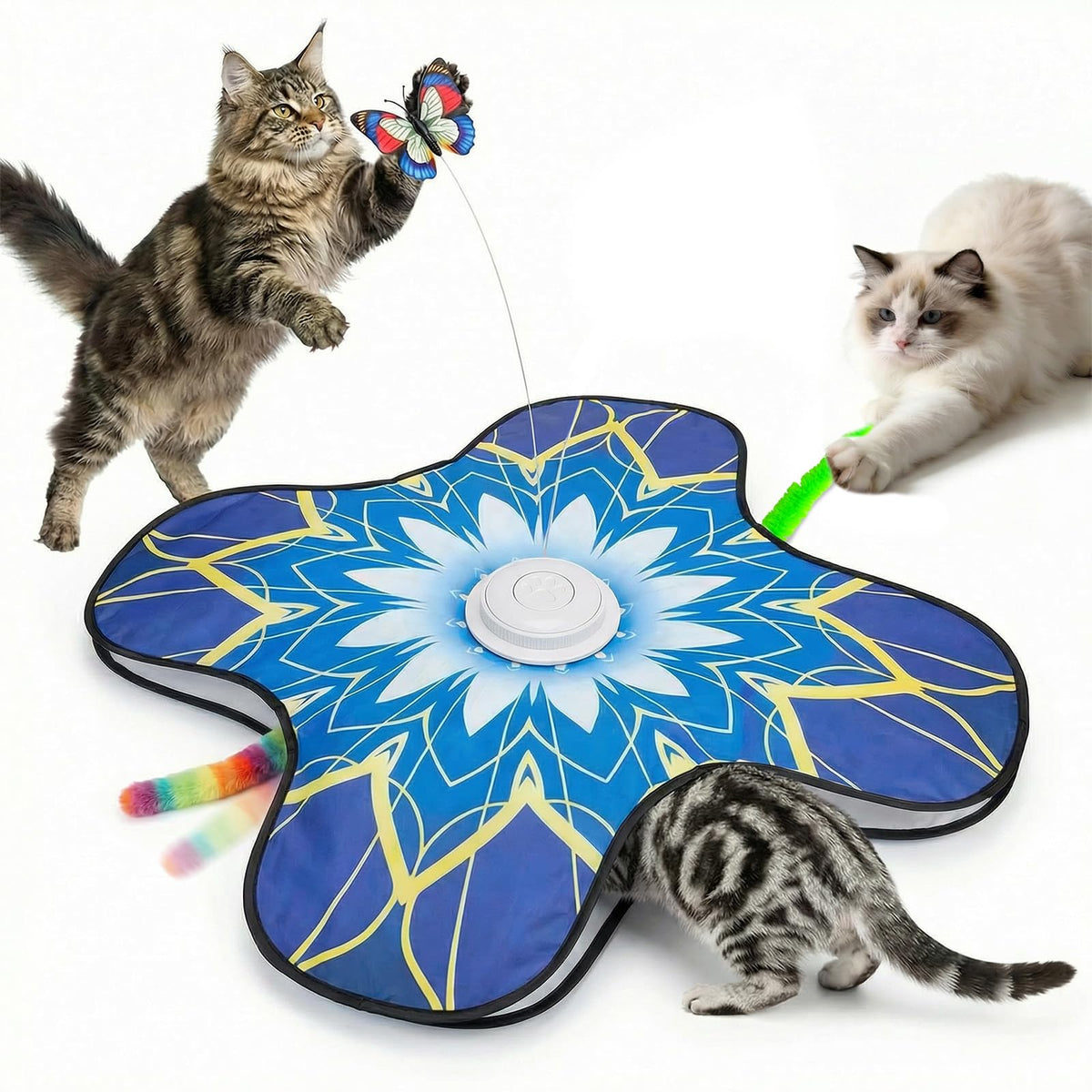 OPDEKEHA interactive cat toy dual wands in action, inviting shared play and stimulating hunting instincts.