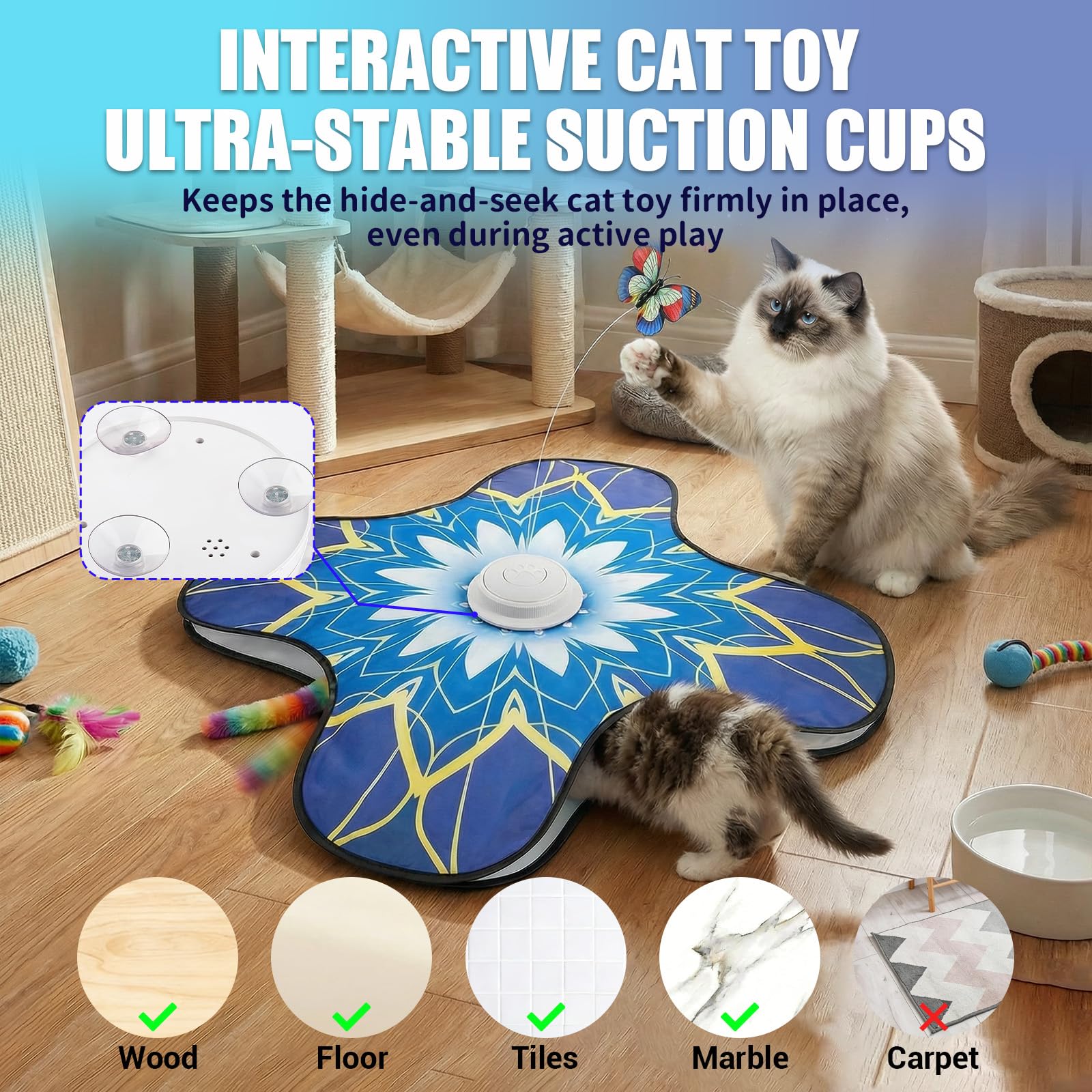 OPDEKEHA interactive cat toy non-slip suction cups securely attach to floors for energetic play.