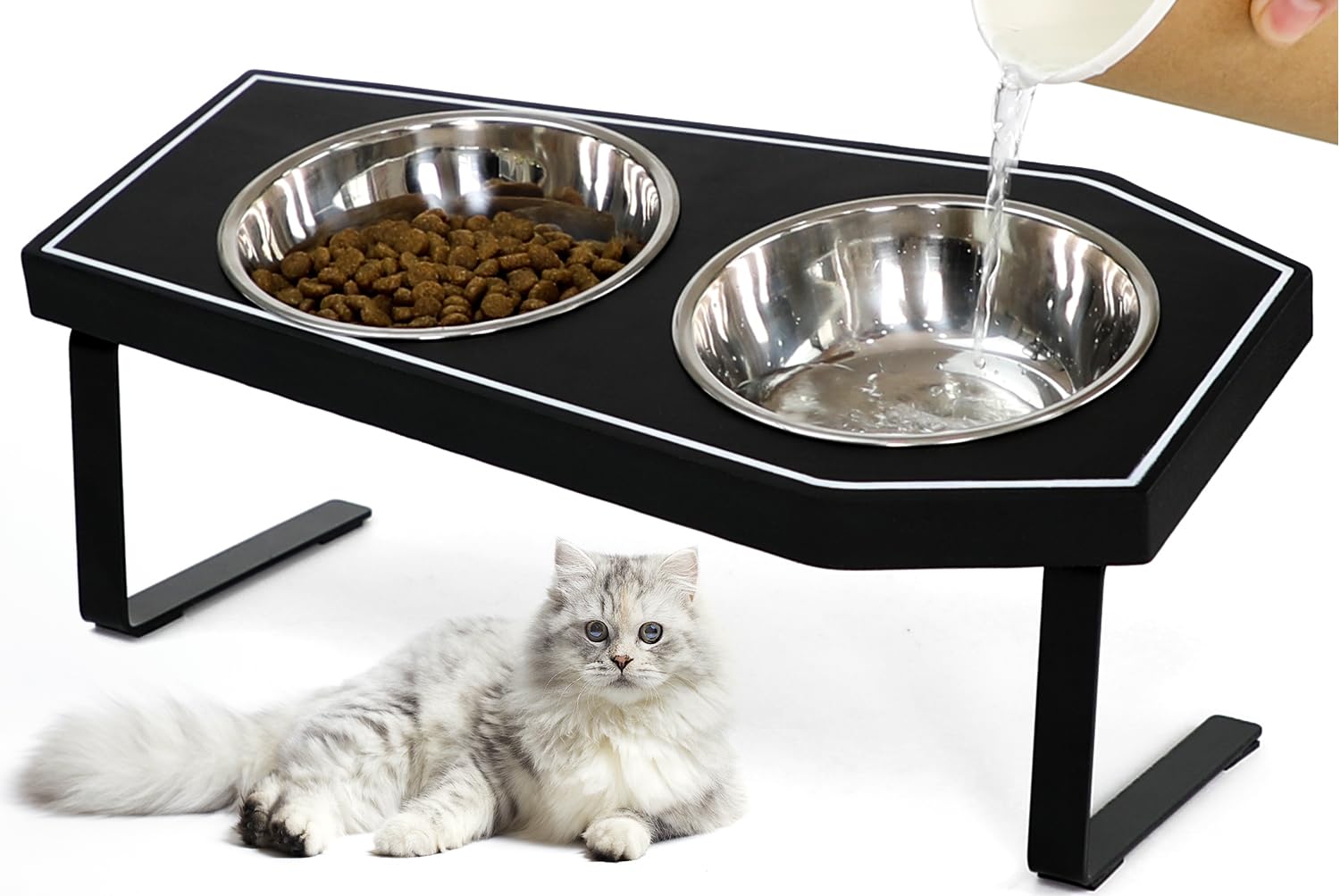 OPELETNNT Gothic cat bowls elevated on a wood board for stylish mealtime