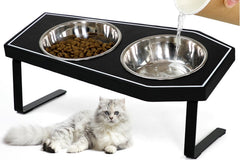OPELETNNT Gothic cat bowls elevated on a wood board for stylish mealtime
