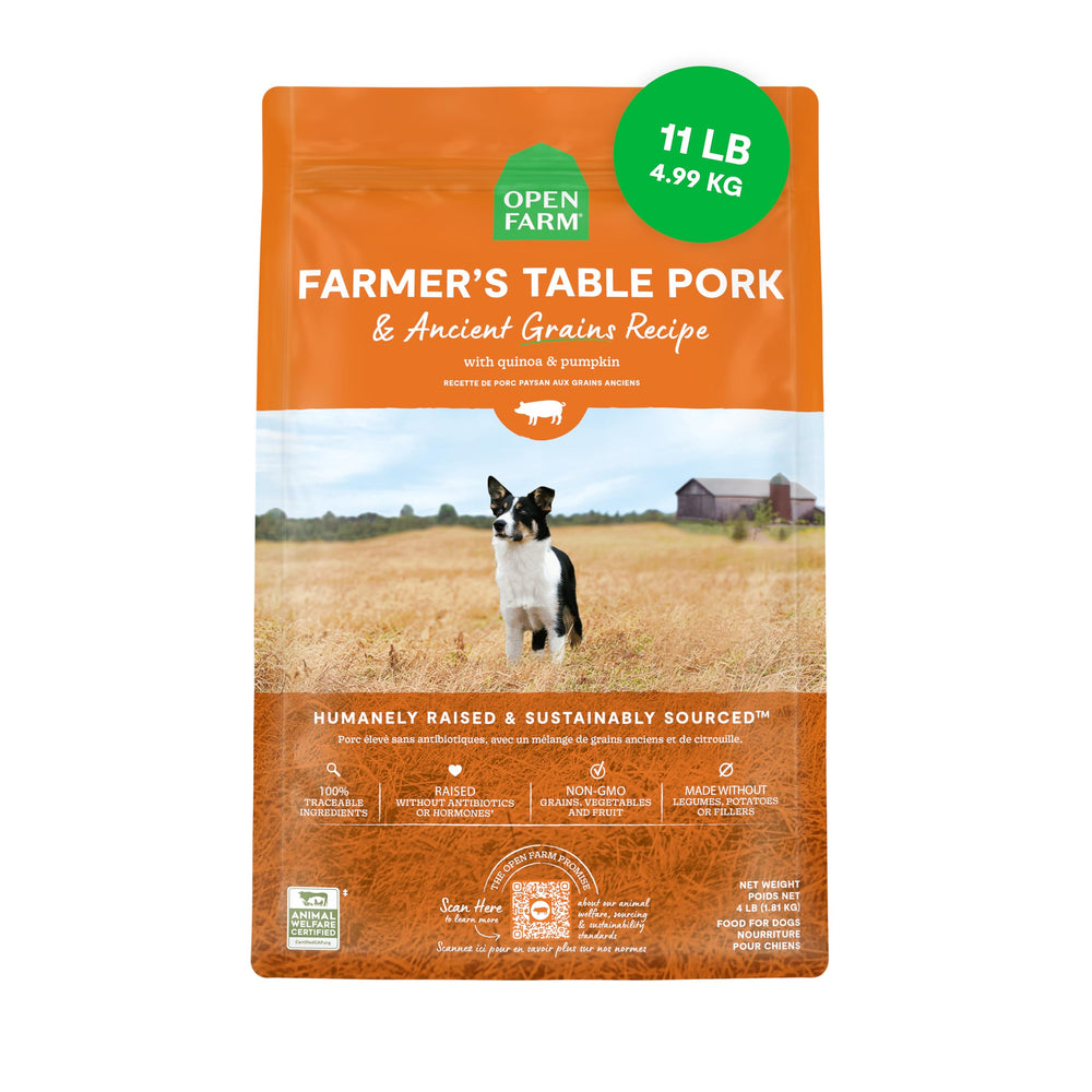 Open Farm ancient grains dog food bag shows protein-rich formula and clean ingredient list.