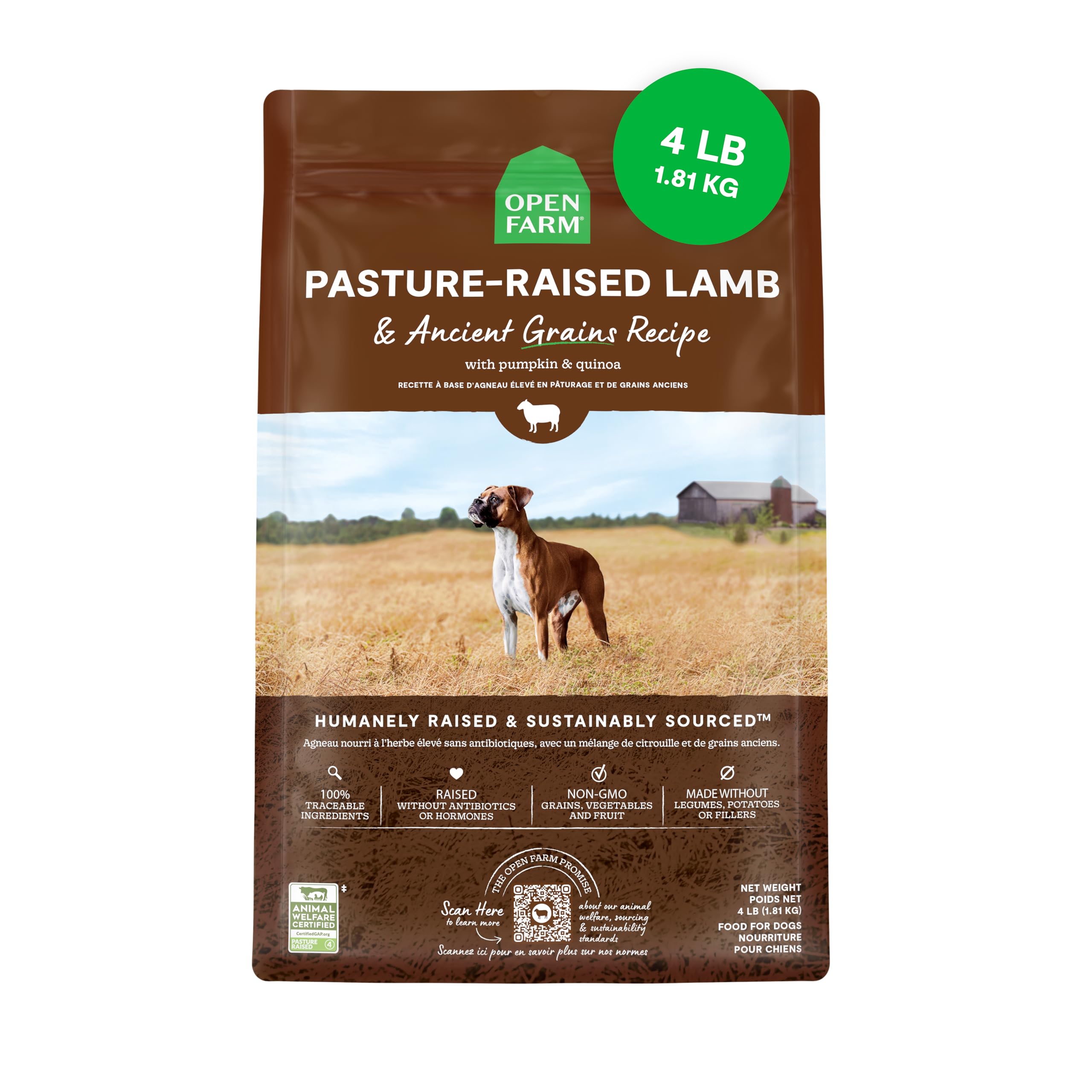 Open Farm Ancient Grains kibble close-up, protein-rich formulation for active dogs.