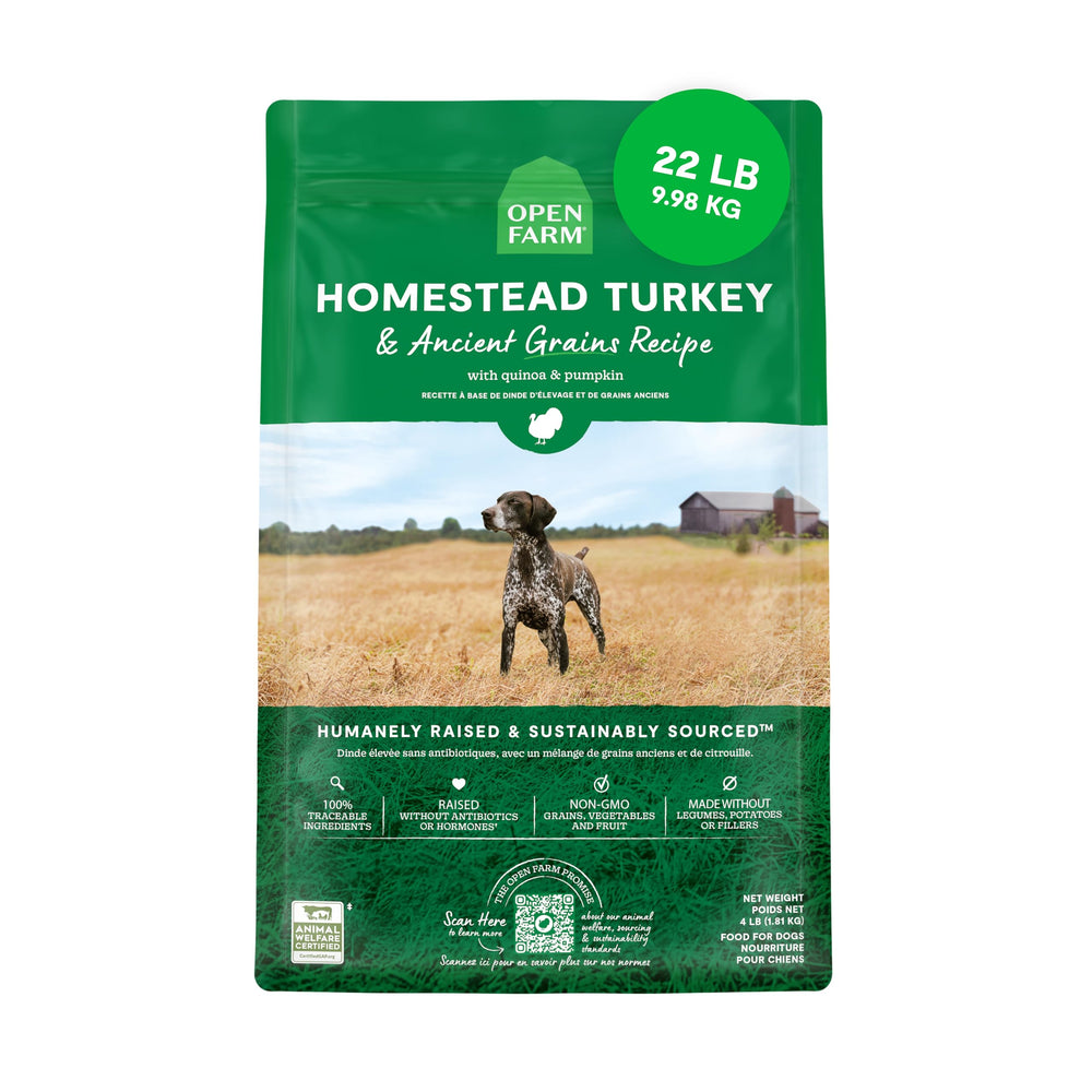Open Farm Ancient Grains dry dog food bag front — supports sensitive stomachs