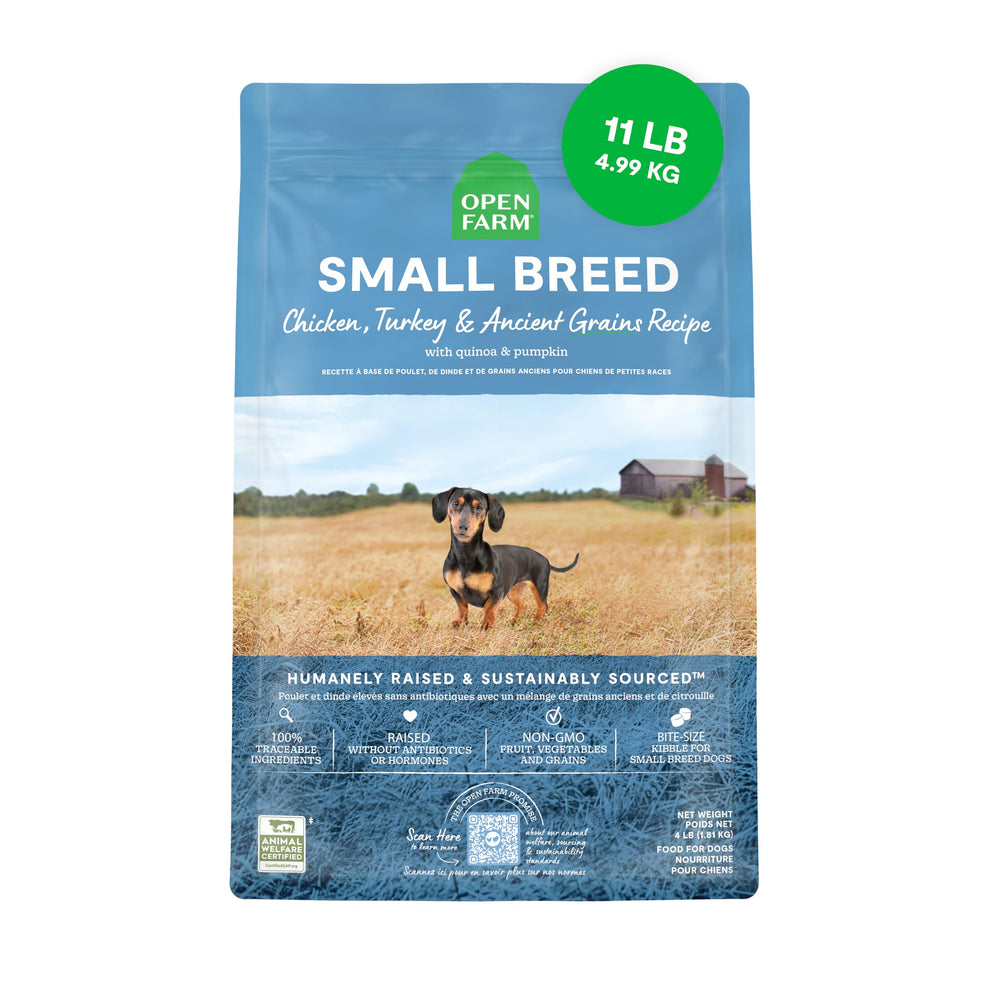 Open Farm Ancient Grains Dry Dog Food for Small Breeds bag shows wholesome ingredients.