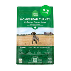 Open Farm Ancient Grains Turkey dry dog food in 11lb bag designed for protein-rich meals.