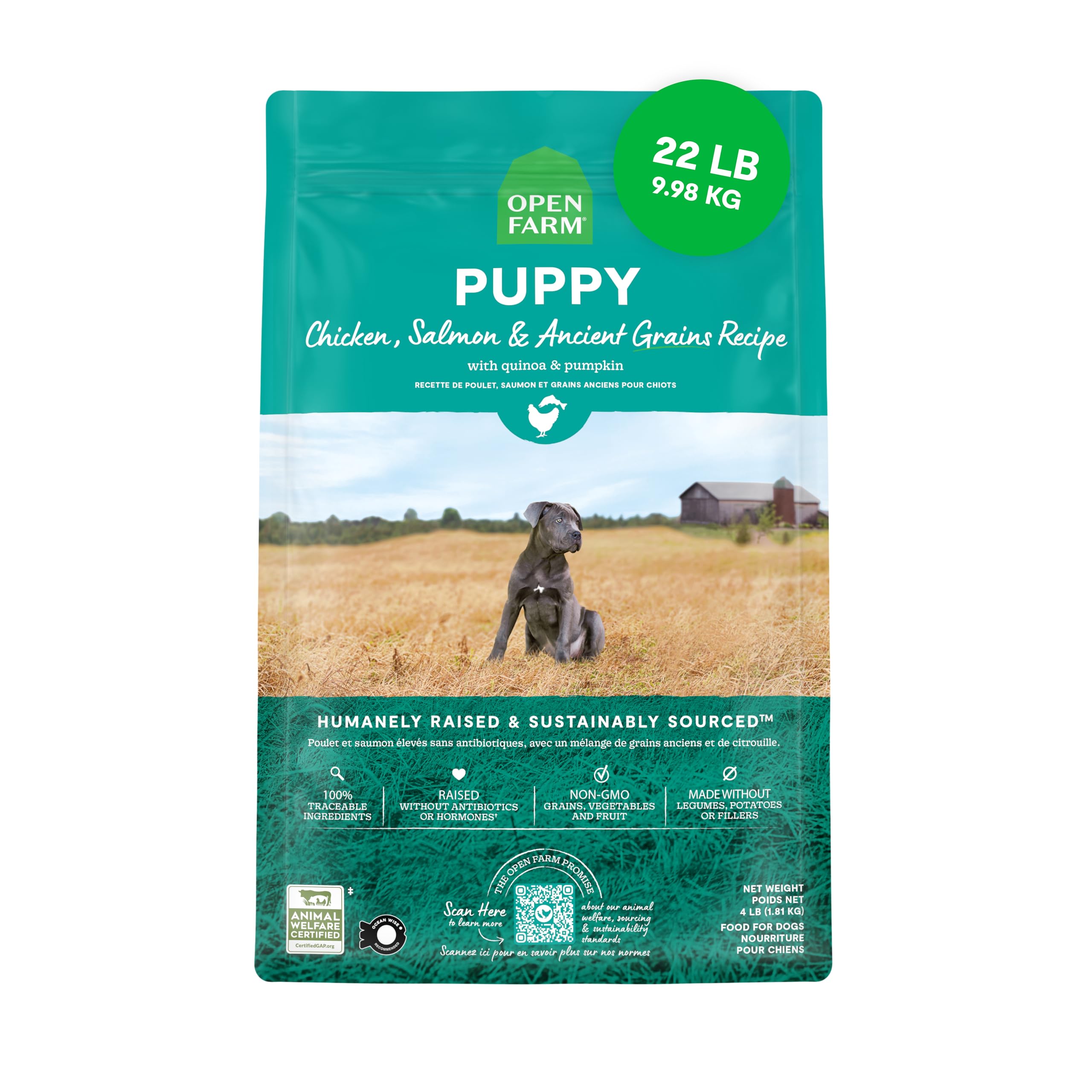 Open Farm Ancient Grains puppy dry food bag showing protein-rich recipe for growing puppies