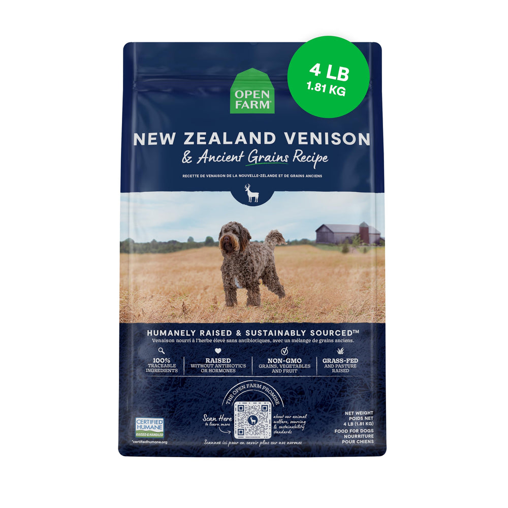 Open Farm Ancient Grains Venison Dry Dog Food bag highlighting protein-rich formula.