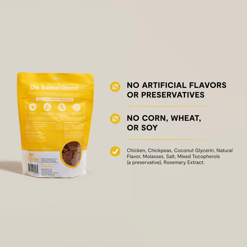 Open Farm chicken treats contain no antibiotics or added hormones.