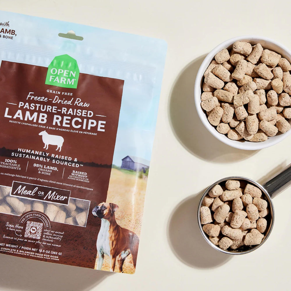 Open Farm front of bag highlights nutrition panel and complete-meal option.