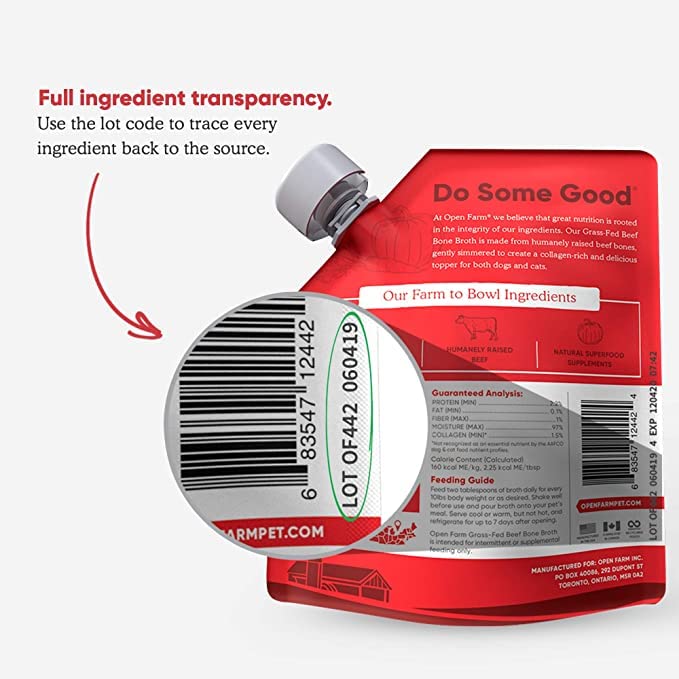 Open Farm bone broth 72 oz six-pack packaging illustrates convenient bulk size.