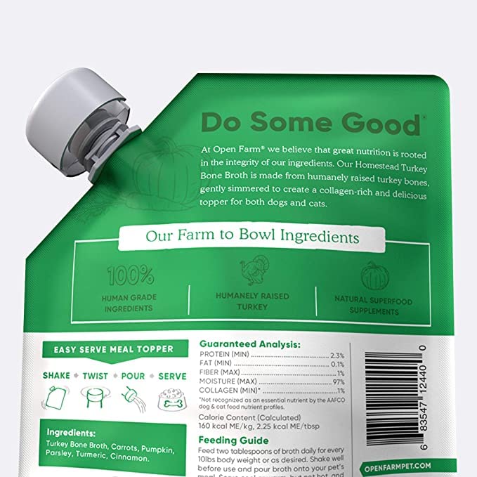Open Farm bone broth from family farms communicates traceable, high-welfare sourcing
