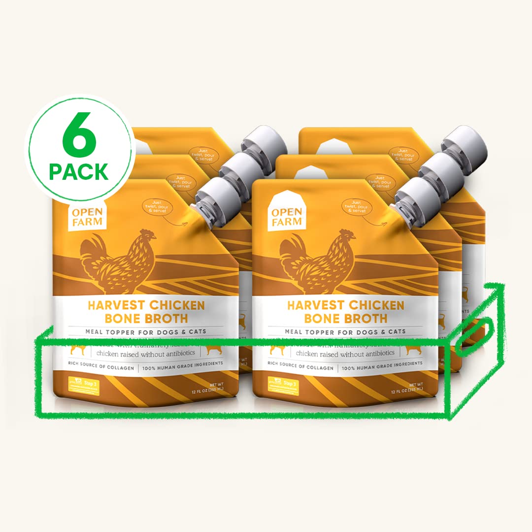 Open Farm harvest chicken bone broth six-pack, convenient daily topper for pets.