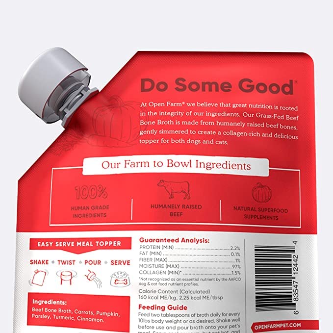 Open Farm bone broth lot-traceability emphasizes origin transparency for pet meals.