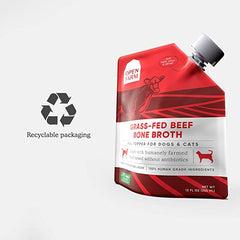 Open Farm bone broth no-grain image highlights grain-free recipe for pets.