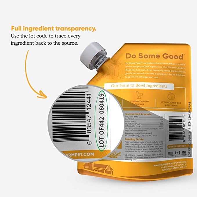 Open Farm bone broth protein-first meal topper, suitable for grain-free pet diets.
