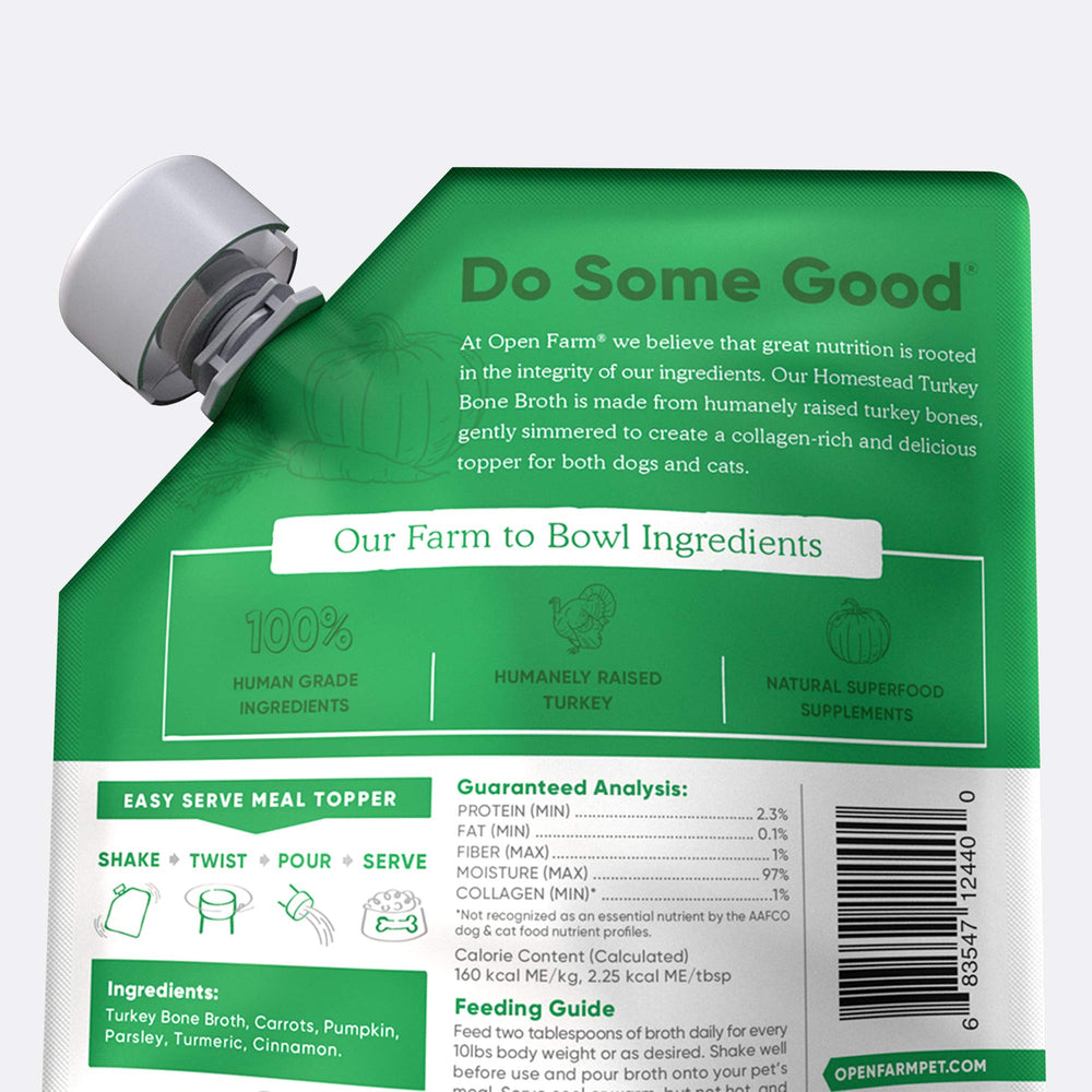 Open Farm bone broth serving bowl with dogs and cats, ready to eat.