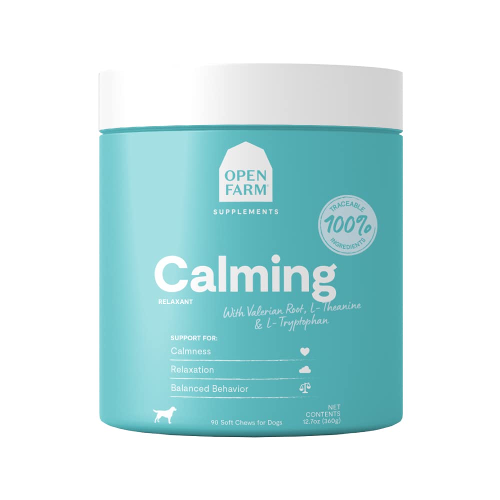 Open Farm Calming Chews bottle label; vet-approved ingredients highlighted for peace of mind.