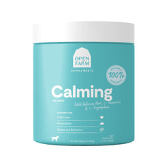 Open Farm Calming Chews bottle label; vet-approved ingredients highlighted for peace of mind.