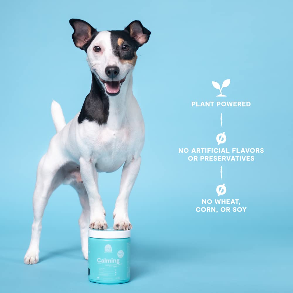 Open Farm Calming Chews label and recyclable jar; sustainable packaging.