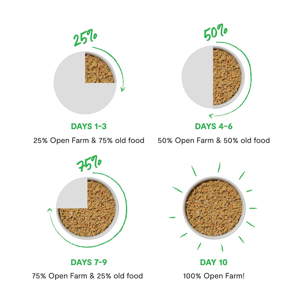 Case of 12 Open Farm cans on a shelf for easy purchase.