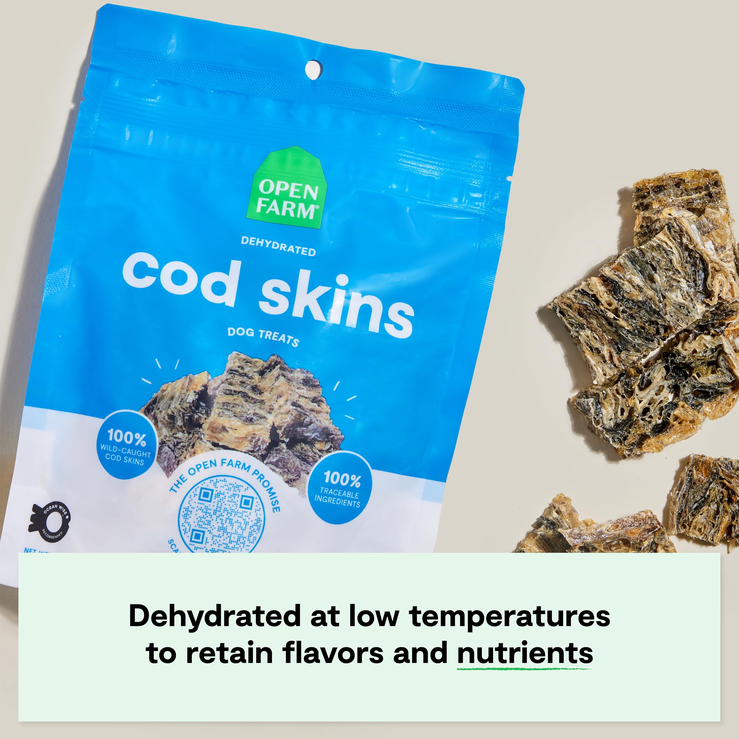 Open Farm cod skins single-ingredient recipe, protein-rich snack.