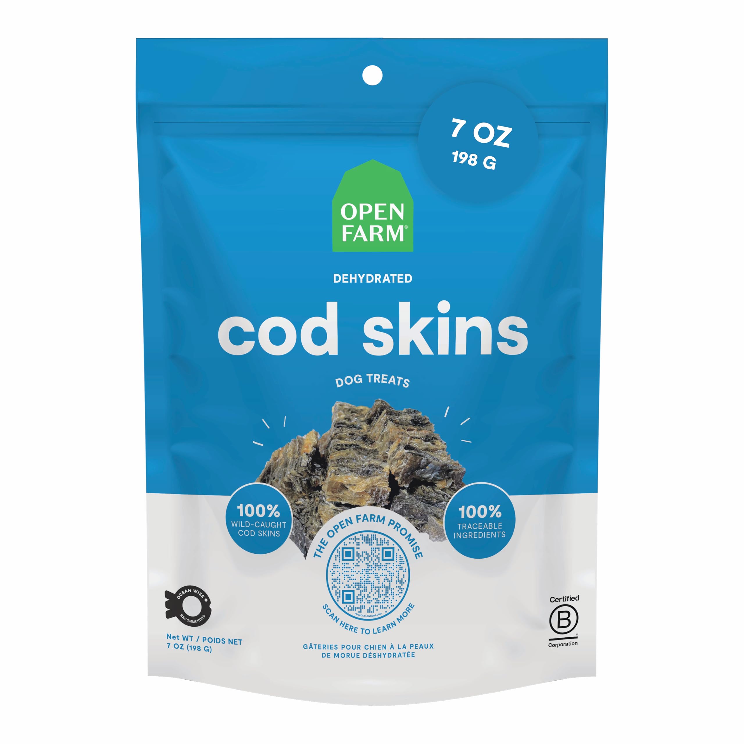Open Farm cod skins bag, crisp crunch ideal for rewards.