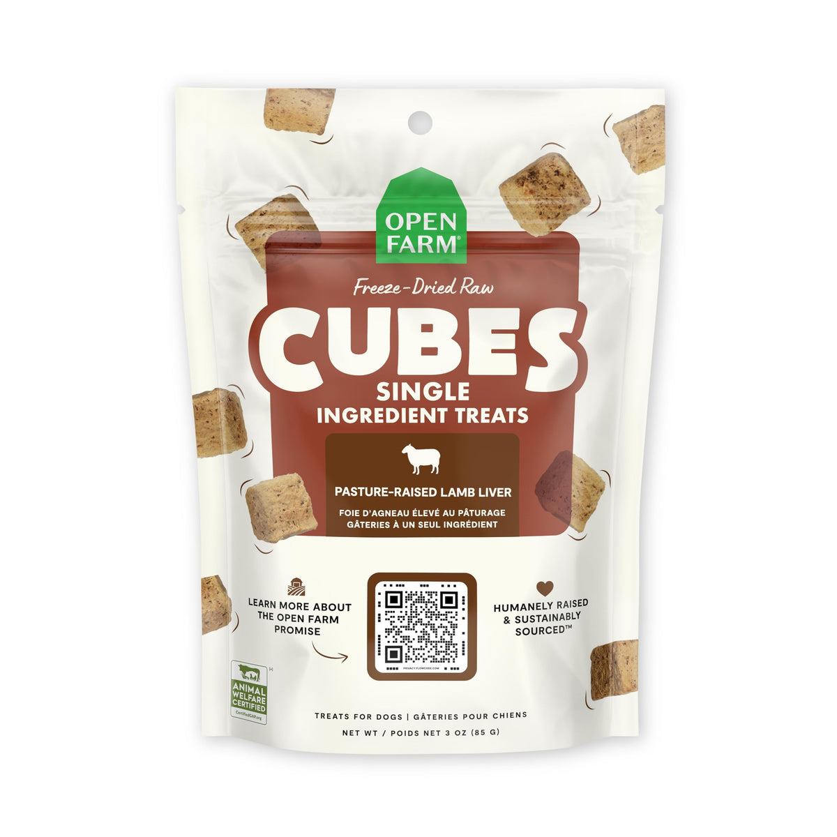 Open Farm Cubes Freeze-Dried Lamb Liver dog treats – crunchy protein-rich reward for training.
