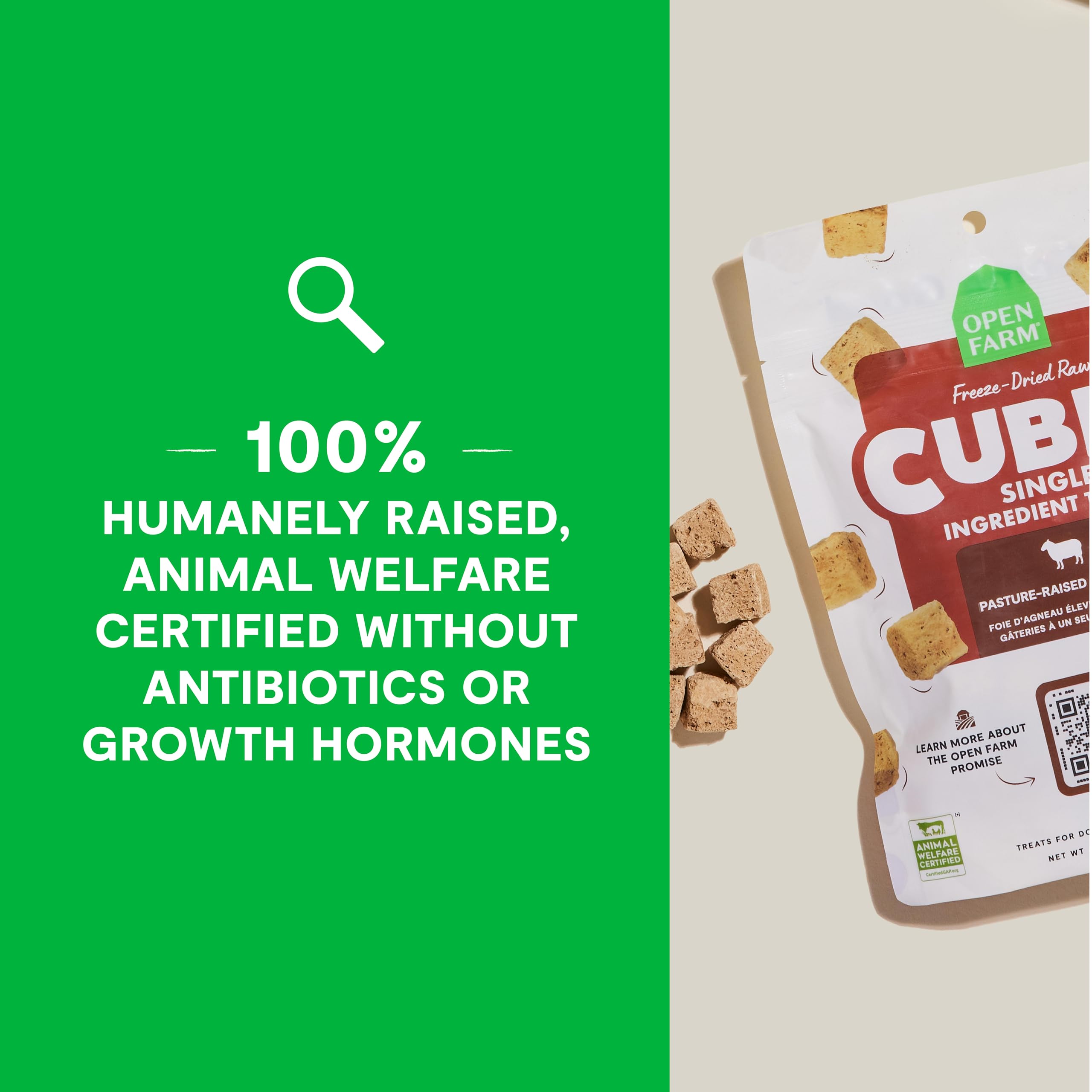 Open Farm Cubes humane-raised label signals ethical sourcing.