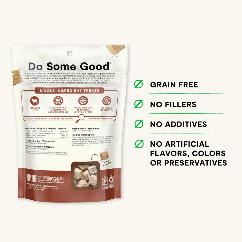 Open Farm Cubes protein-rich lamb liver – perfect for training sessions and quick rewards.