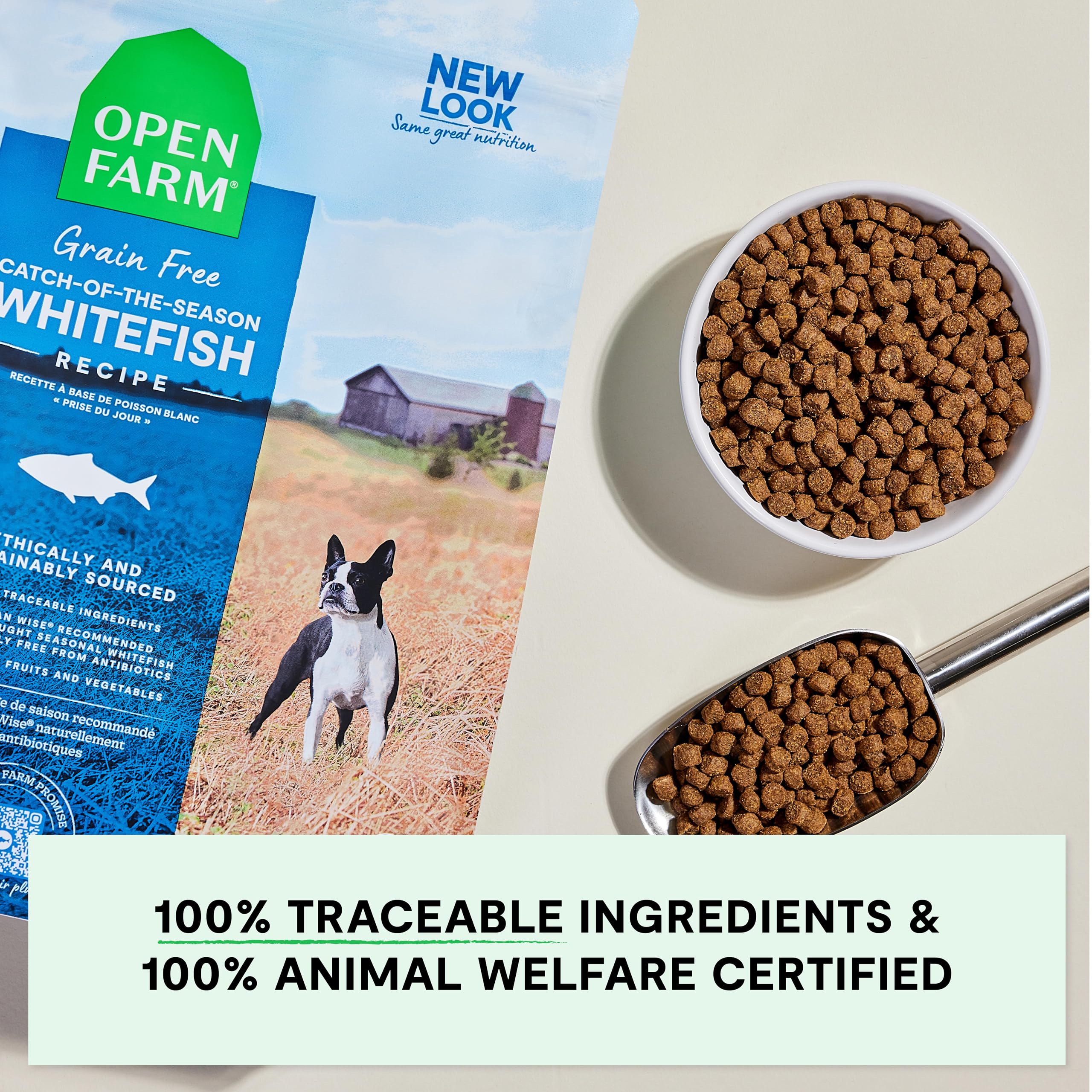 Open Farm dog feeding bowl shows a complete balanced meal at mealtime
