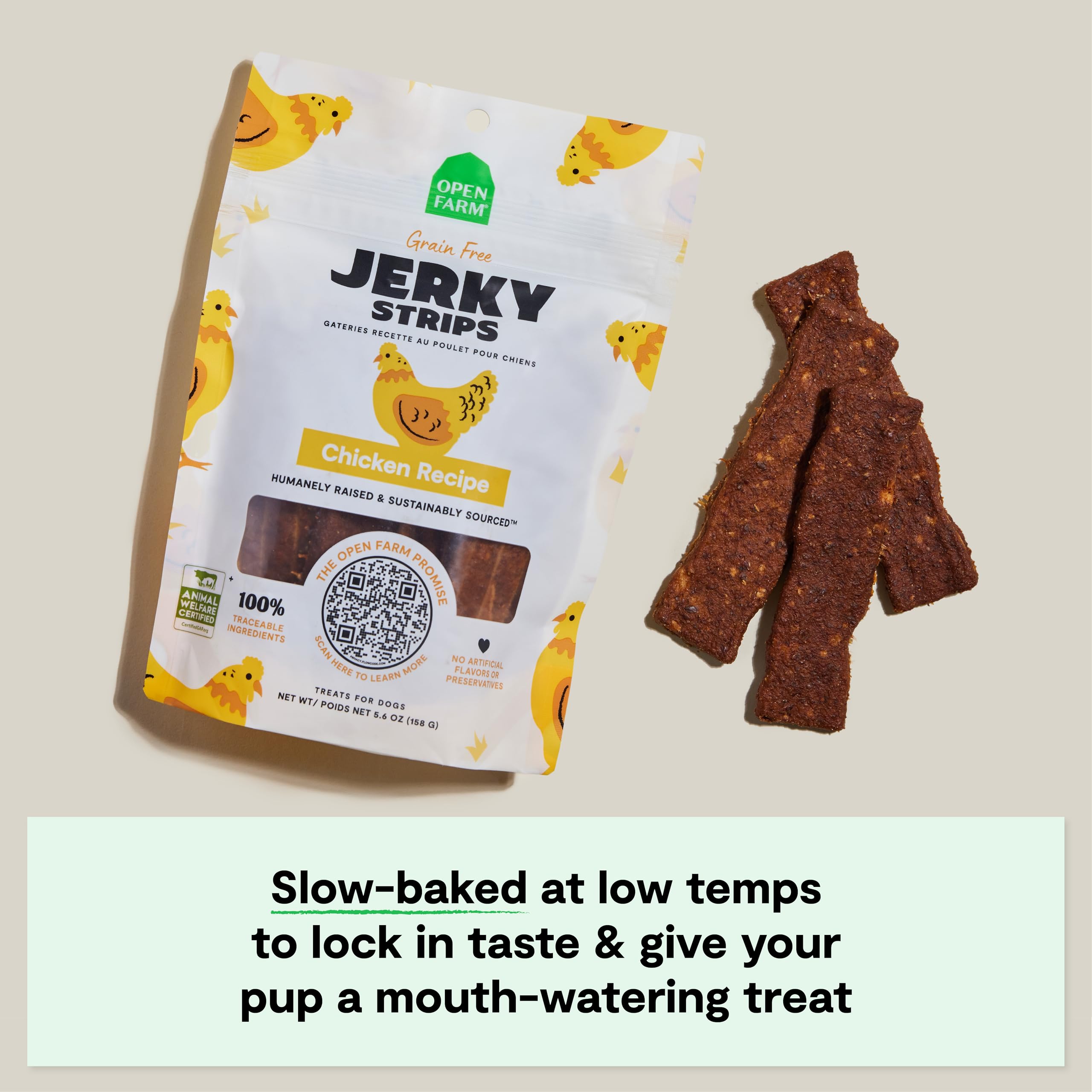 Open Farm dog jerky training-use, grain-free chicken recipe rewards.