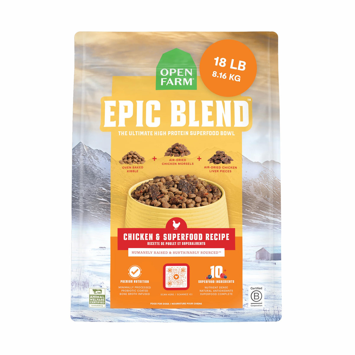 Open Farm Epic Blend dry dog food in a bowl highlighting high-protein formula for active dogs.