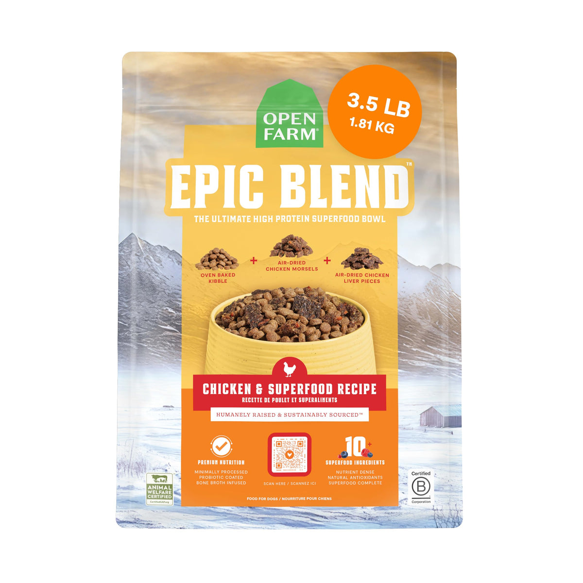 Open Farm Epic Blend kibble in a bowl for a satisfying dog meal
