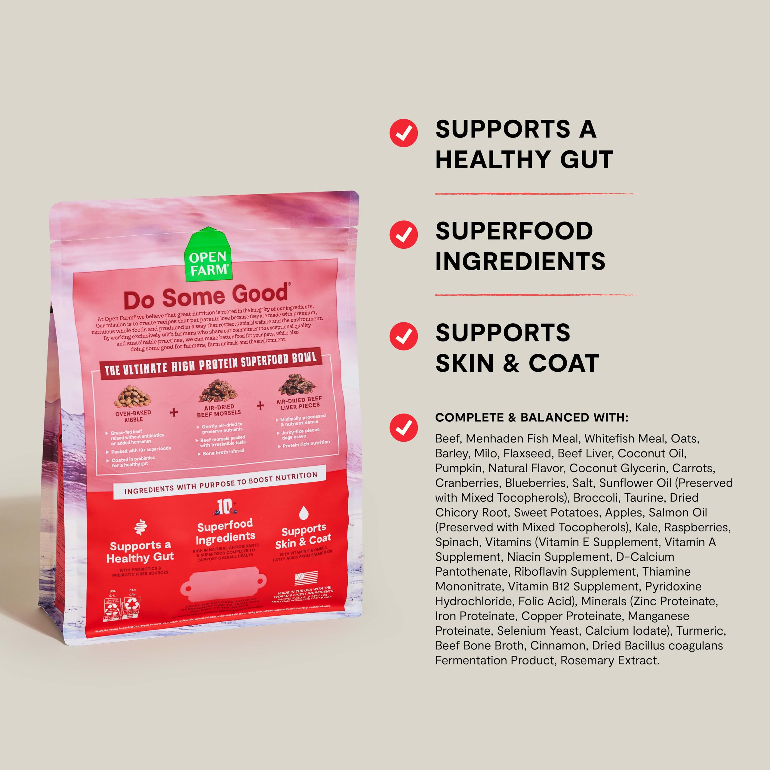Open Farm Epic Blend minimally processed nutrition in a dog bowl