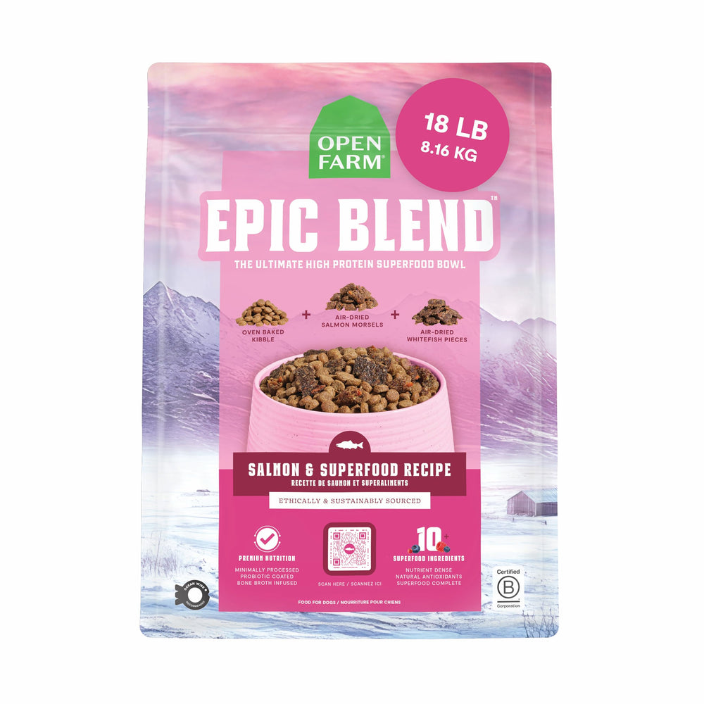 Open Farm Epic Blend salmon kibble in a bowl for a protein-rich meal